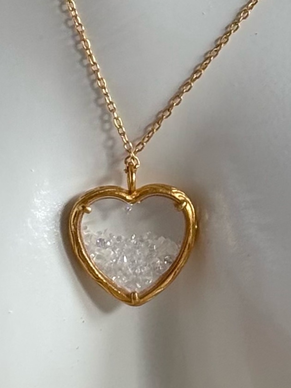 Catherine Weitzman 18k Gold Vermeil Large Heart Shaker Necklace Clear Crystal